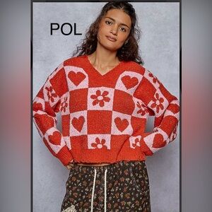 BP218-2❤️New!POL pizazz Red and Pink Patterned V-Neck Sweater perfect4 day2date!